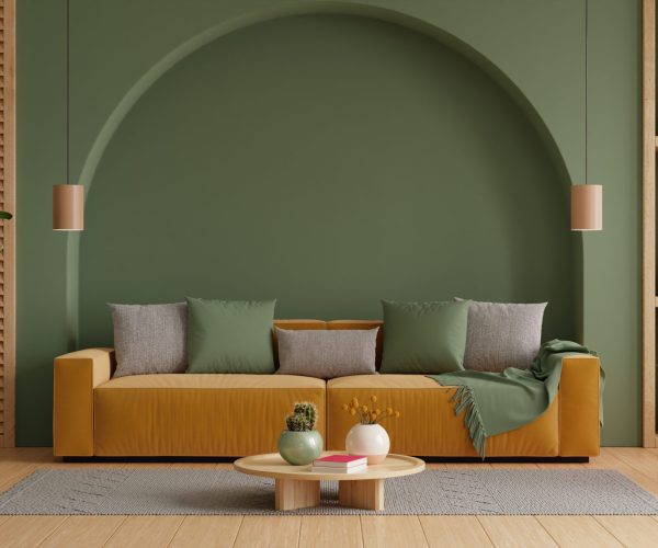 Modern living room has an yellow sofa on empty dark green wall background- 3D rendering
